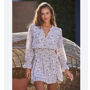 bishop + young Long Sleeve Smock Waist Marmont Boho Mini Dress Purple White S